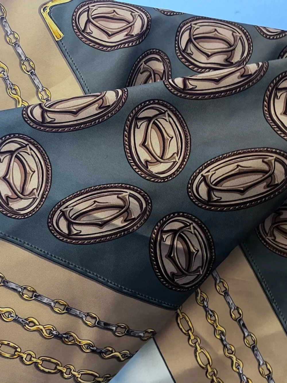 Cartier Silk Scarf in Dusty Blue & Gold Authentic very large wrap. Vintage silk